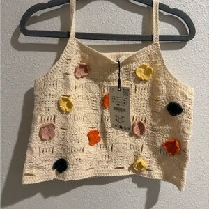 Zara Cream Crochet Tank Top with Floral Accents